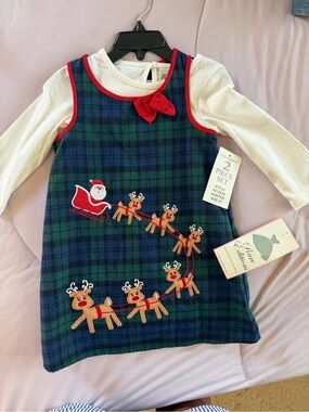 Green and Navy Plaid Dress with Reindeer Embroidery